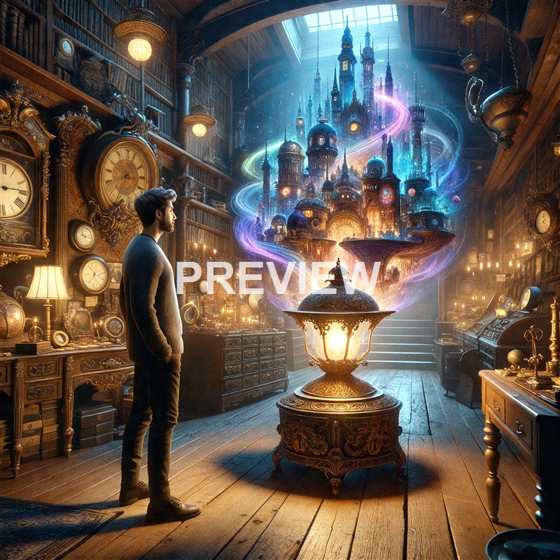 A man stands in a richly decorated, vintage-style room filled with clocks and illuminated by warm lighting, gazing at an elaborate, glowing magical cityscape with towers and swirling colorful energy floating above a fountain.